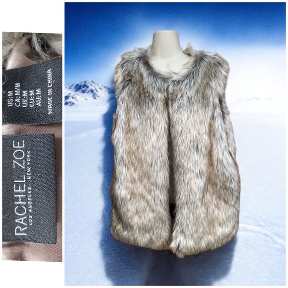 Rachel Zoe Size M Silver Faux Fox Fur Fluffy Hook Closure Vest Jacket Mob wife - Picture 1 of 15
